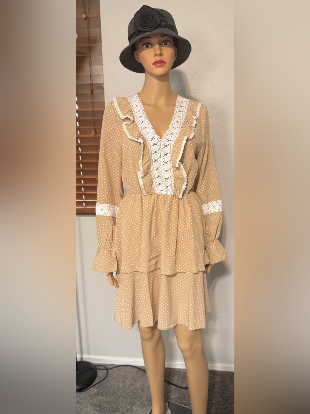$8 Women's Beige Polka Dot Lace Trim Tiered Dress $8 WHEN BUNDLED WITH 3 or more